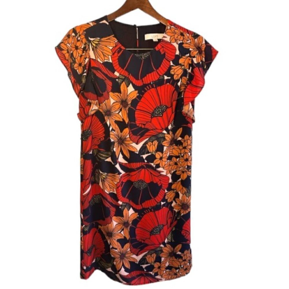 Ann Taylor Loft Red and Orange Floral Ruffled Women’s Dress Size Small Petite